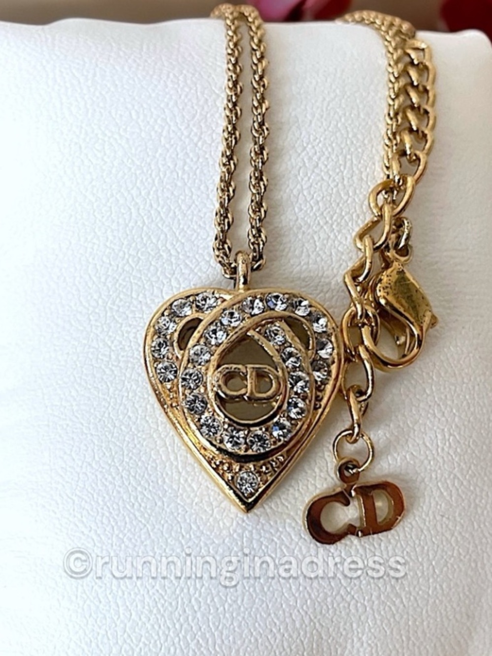 Vintage Christian Dior Gold Plated Rhinestone Openwork Swirl Heart CD Necklace